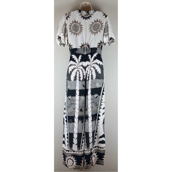 Farm Rio Puff-Sleeve Linen Jumpsuit Black White Size Medium Petite - Picture 4 of 13